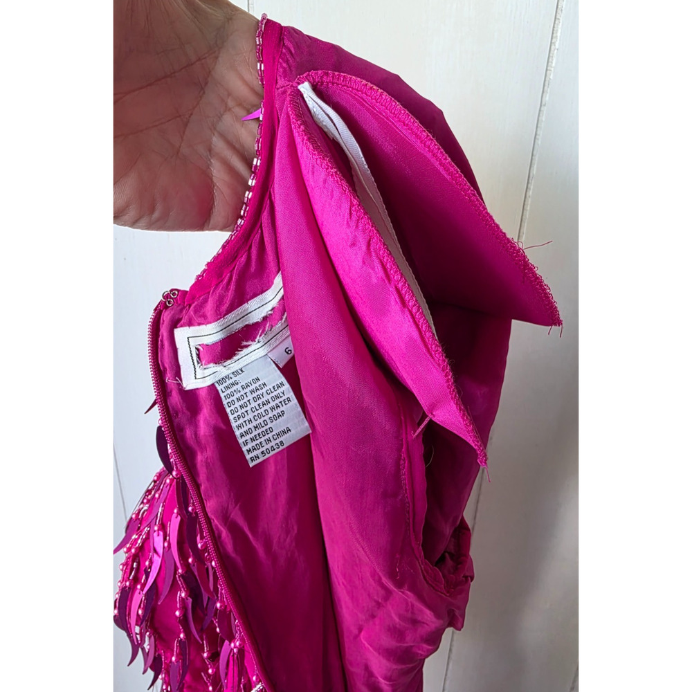 AJ Bari Silk Hot Pink Cattail Sequin Beaded Fringe Vintage Trophy Sheath Dress 6 - Picture 11 of 15